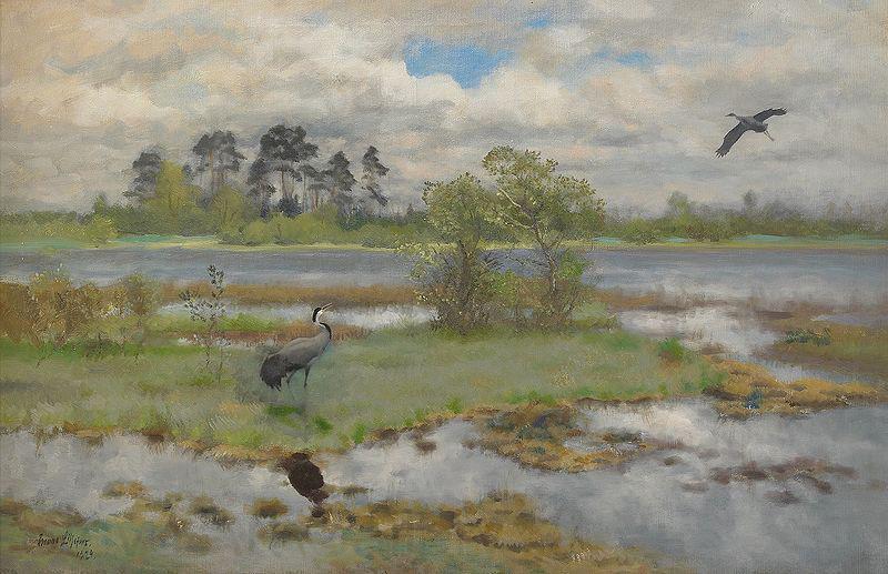 bruno liljefors Landscape With Cranes at the Water